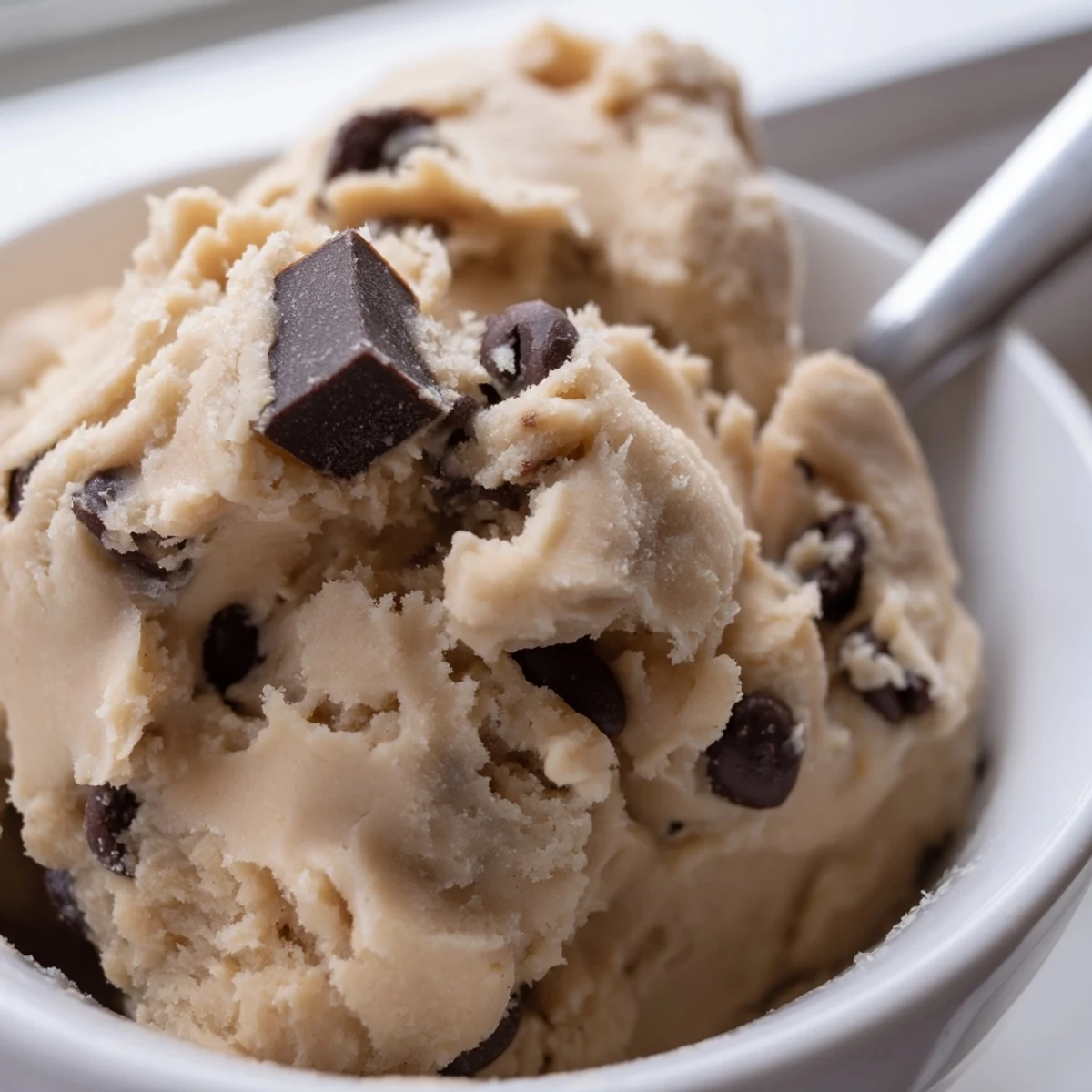 Golden chocolate chip cookie dough in a bowl studded with melty chocolate chips