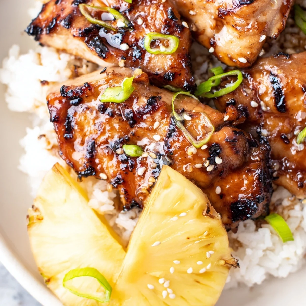 Golden glazed Hawaiian chicken coconut rice topped with fresh pineapple chunks and green onions