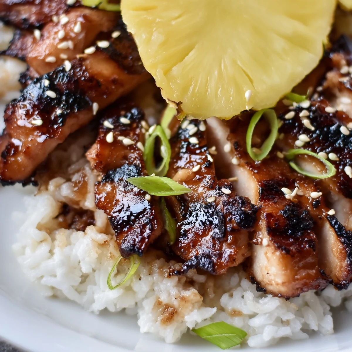 Tender caramelized Hawaiian chicken coconut rice served in a white bowl with sesame garnish