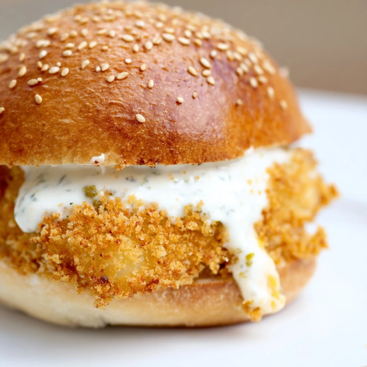 Golden fried fish fillets topped with creamy tartar sauce on soft slider buns