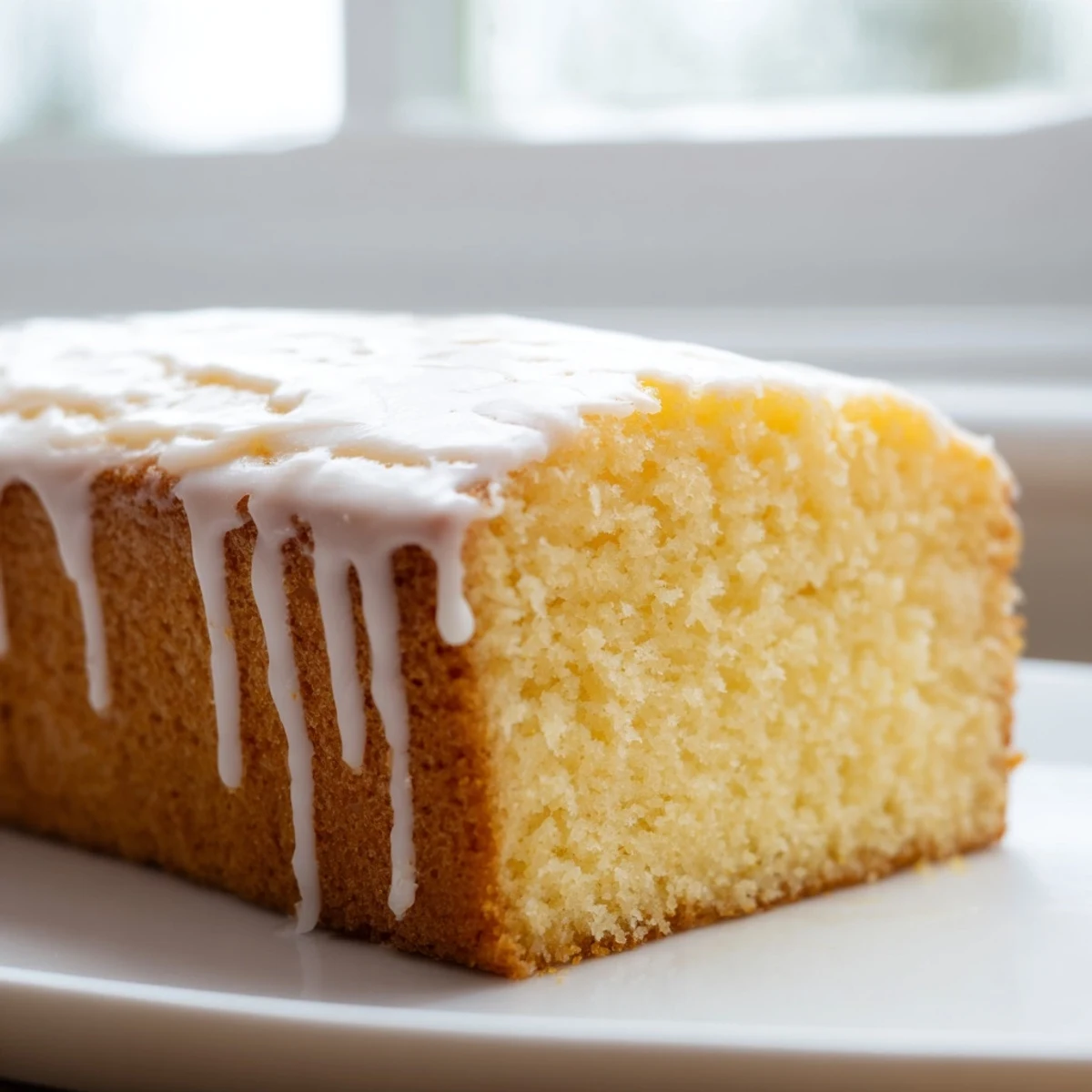 Golden church cake with vanilla glaze served on a white ceramic plate for sharing