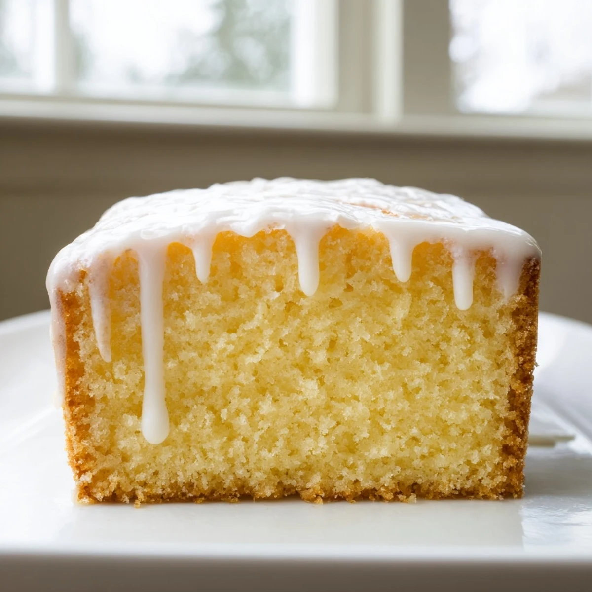 Moist church cake slice revealing tender vanilla sponge drizzled with sweet powdered sugar icing