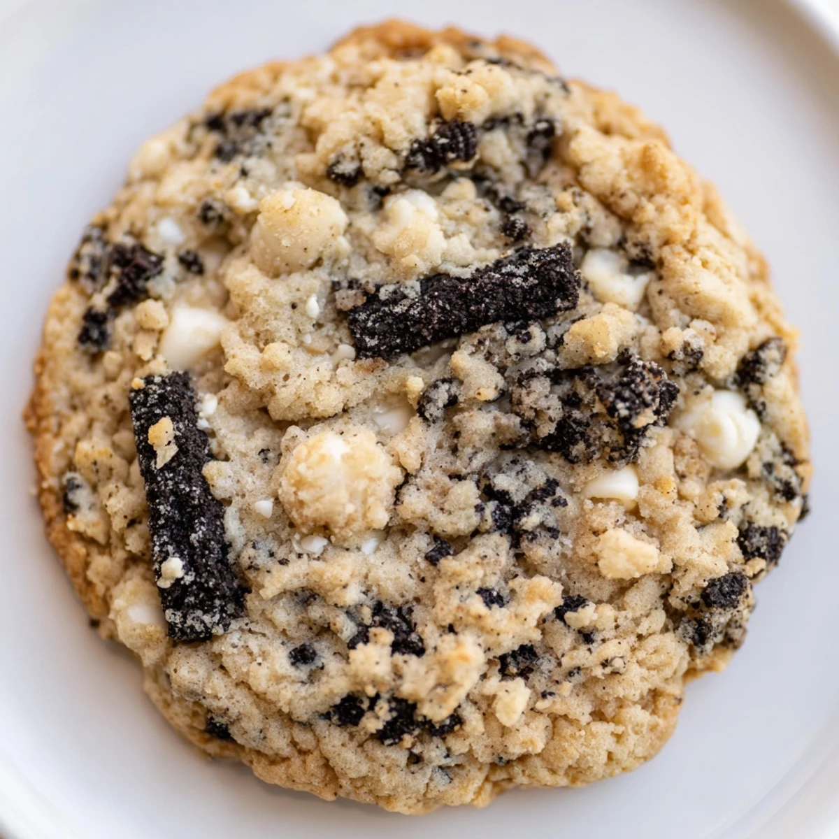 Soft chewy cookies and cream cookie with crushed Oreo pieces and melted white chocolate chips