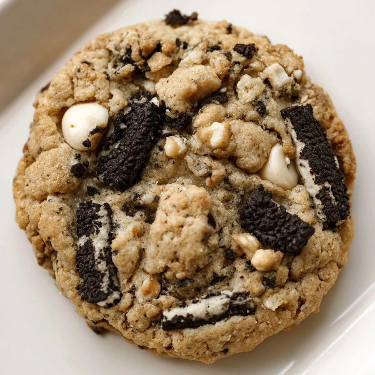 Warm cookies and cream cookie fresh from the oven with golden edges and creamy centers