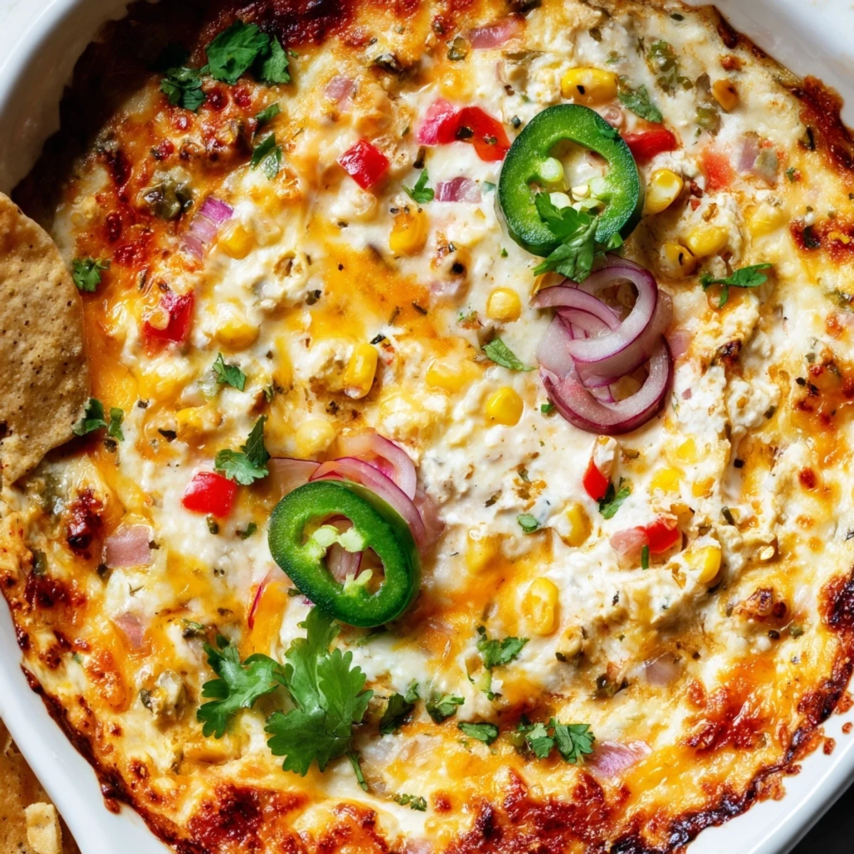 Golden baked Spicy Roasted Jalapeno Cowboy Cream Cheese Dip topped with fresh cilantro and jalapeno slices