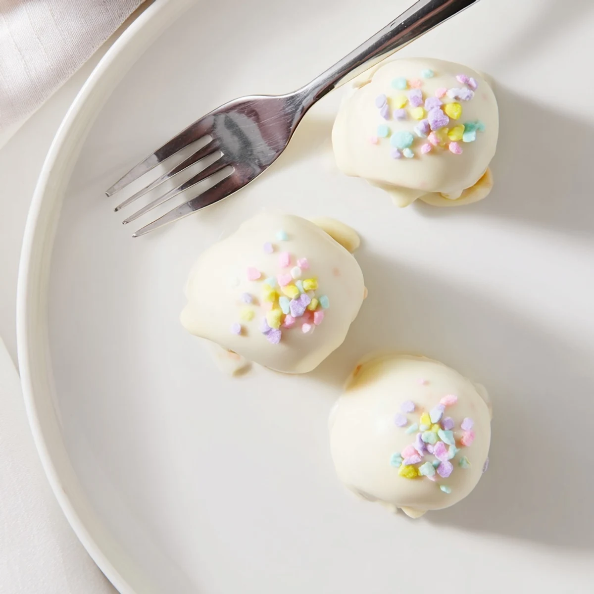 Creamy Banana Pudding Easter Truffles coated in white chocolate with colorful pastel sprinkles