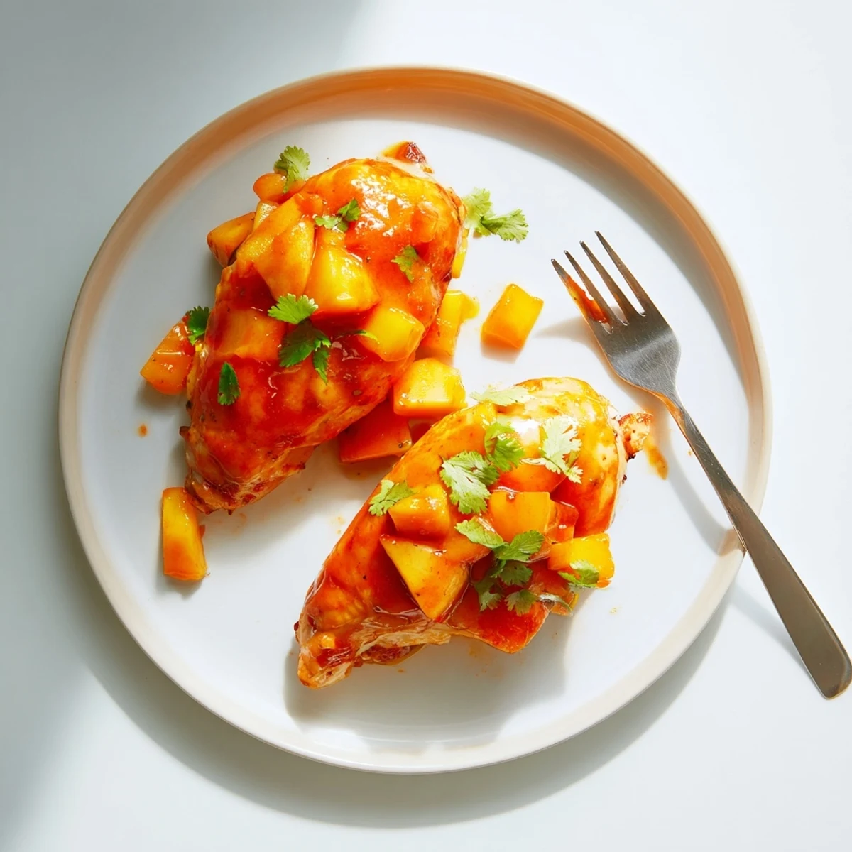 Golden seared Jalapeno Peach Chicken glazed with glossy sweet-spicy sauce in cast iron skillet