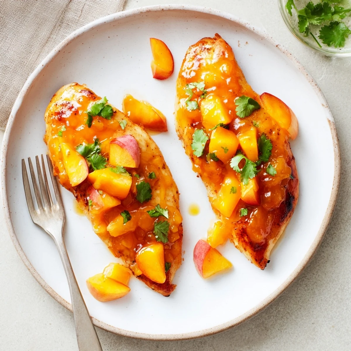 Juicy Jalapeno Peach Chicken topped with fresh peach slices and garnished with cilantro