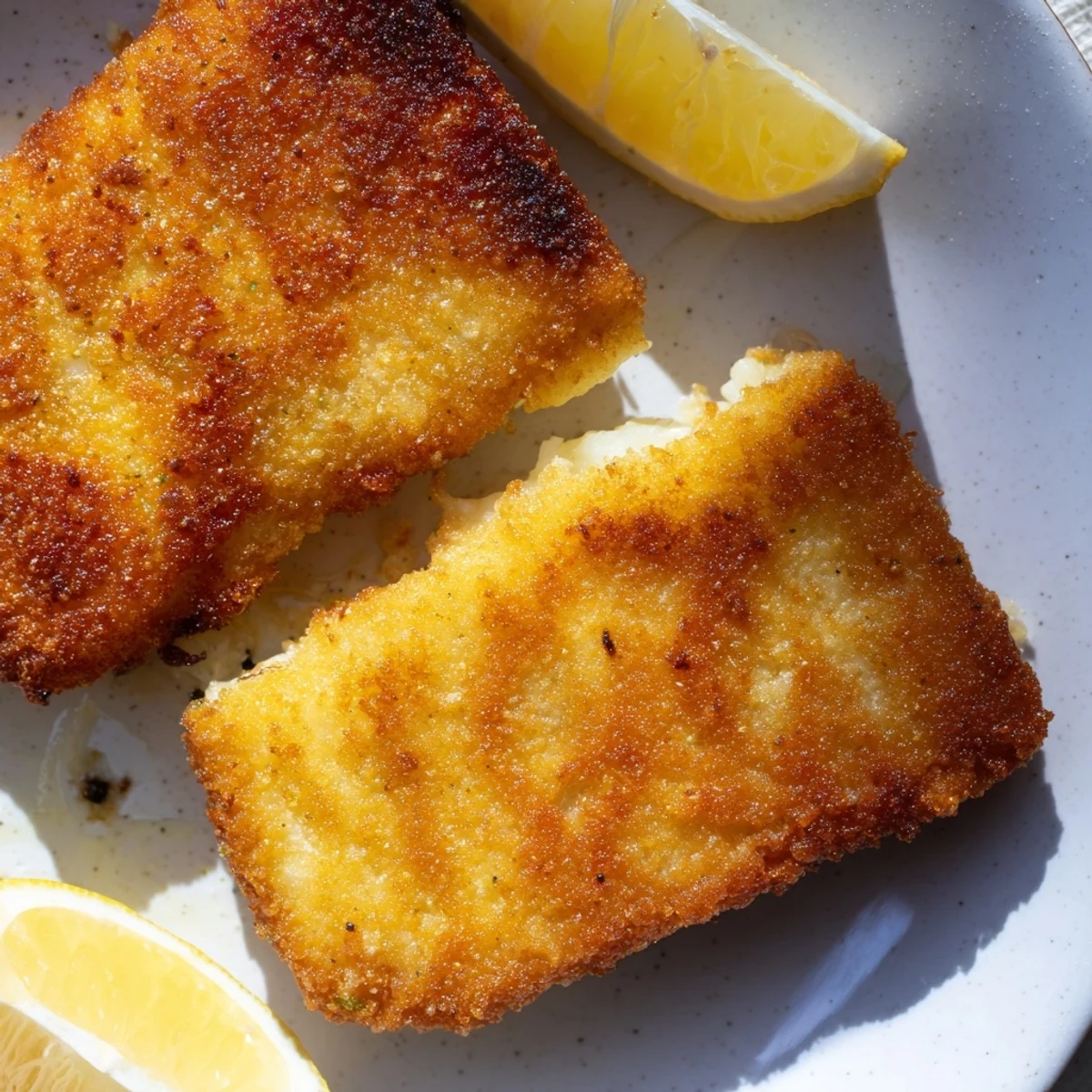 Golden crispy Greek fried cheese sizzling in skillet with fresh lemon wedges nearby
