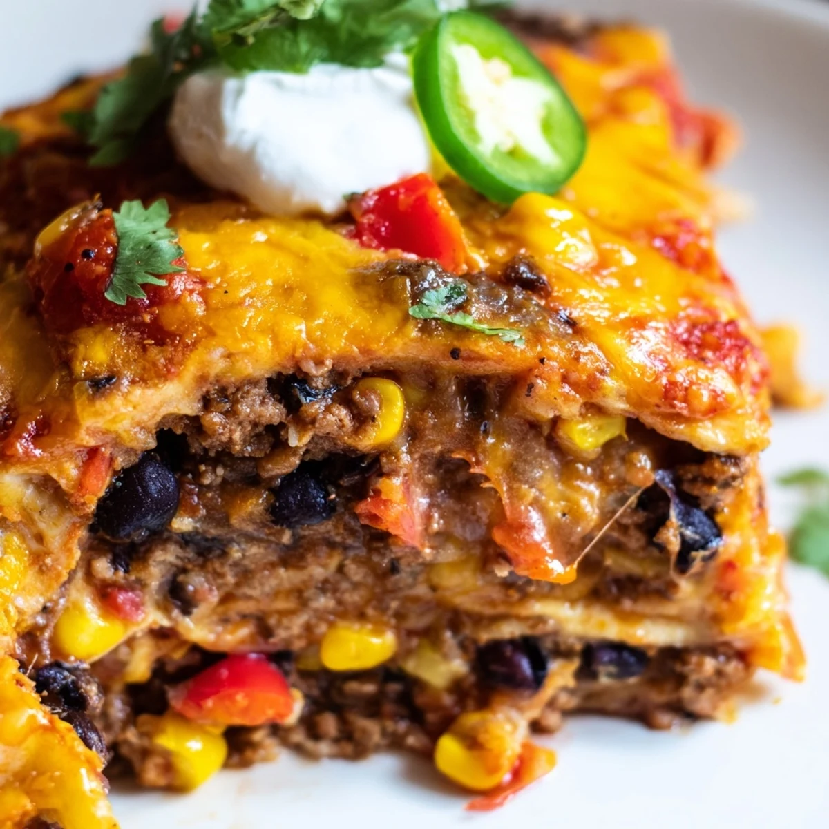 Golden Mexican lasagna with layers of seasoned beef, beans, and melted cheese bubbling in baking dish