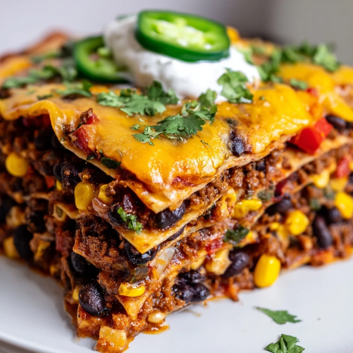 Mexican lasagna topped with gooey melted cheese and fresh cilantro ready for serving