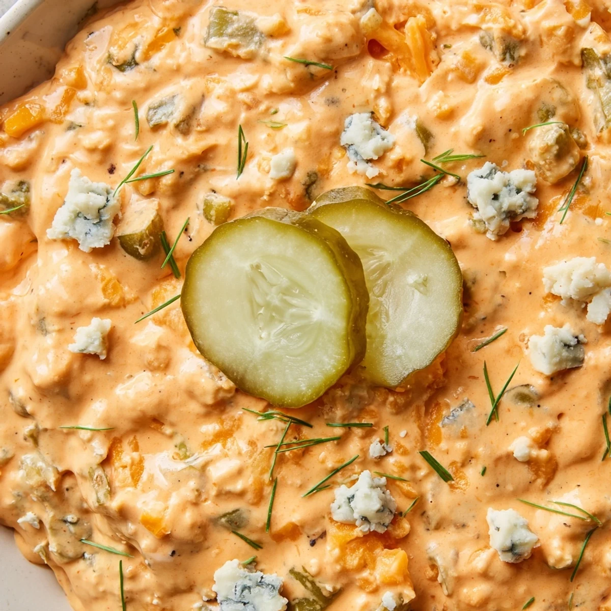 Creamy buffalo pickle dip served in a bowl with crisp vegetable sticks and tortilla chips