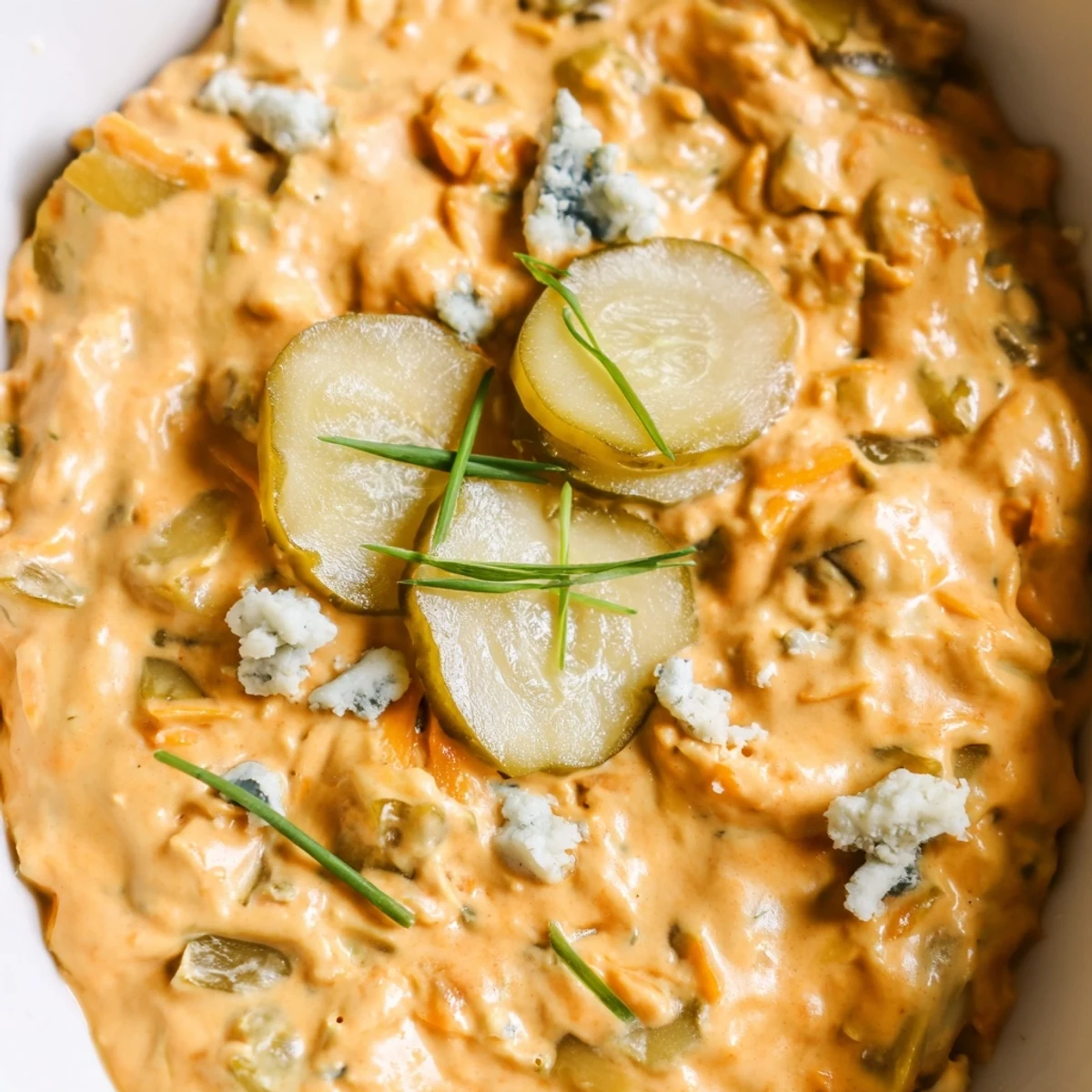 Tangy buffalo pickle dip topped with cheddar cheese and fresh chives on a rustic platter