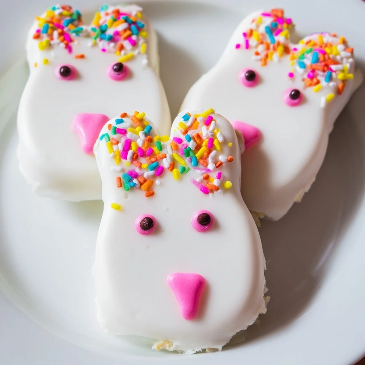 Adorable white chocolate bunny cakesicles with candy eyes and pink ears on a festive tray