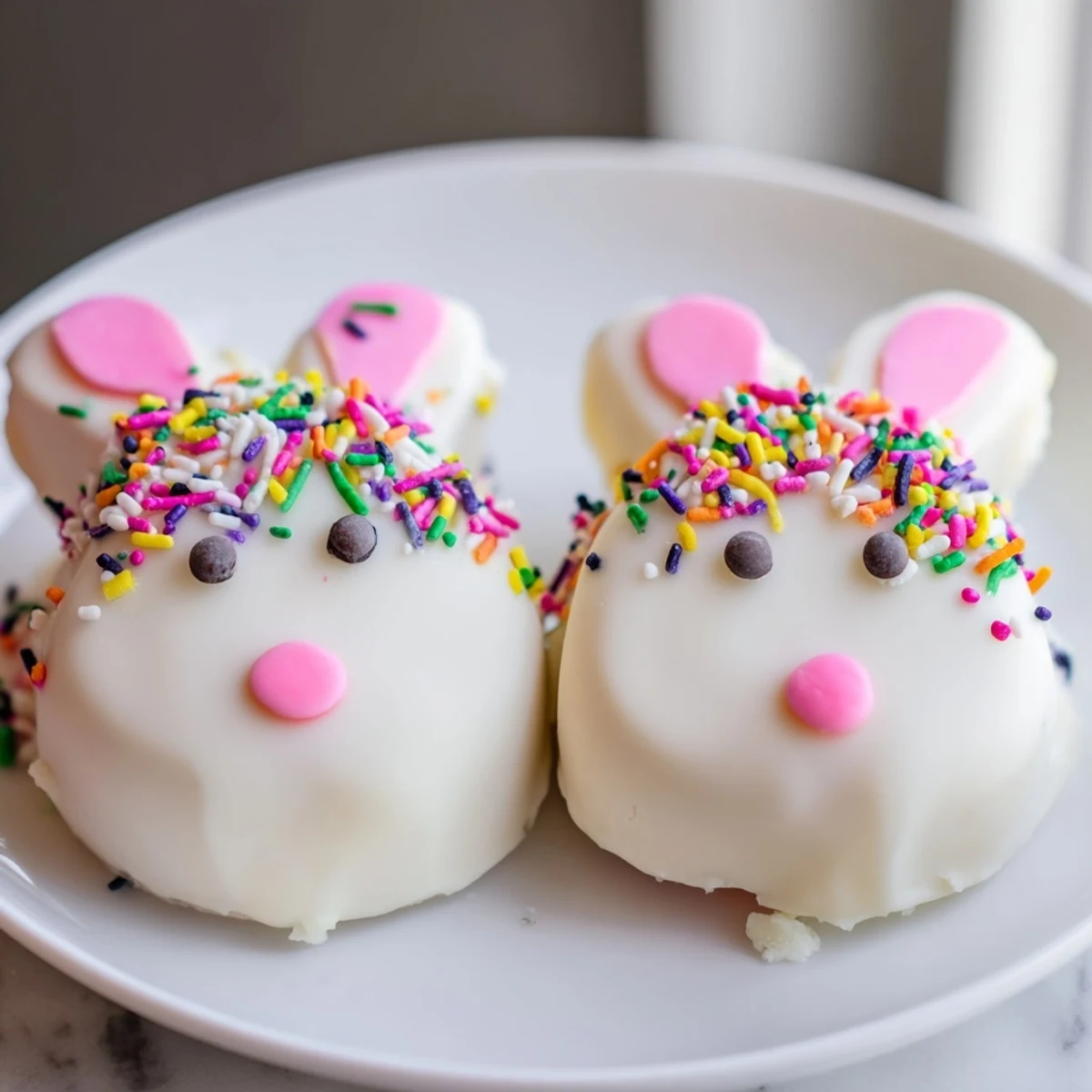 Creamy white chocolate bunny cakesicles decorated with sprinkles for a sweet Easter celebration