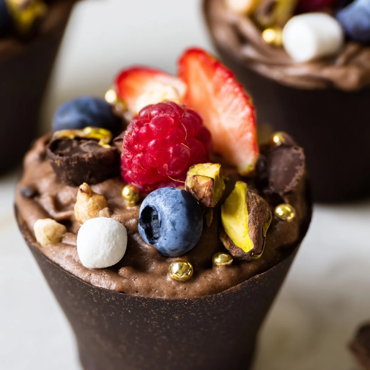 Decadent chocolate grazing cups featuring rich mousse layers, colorful berries, and crunchy garnishes