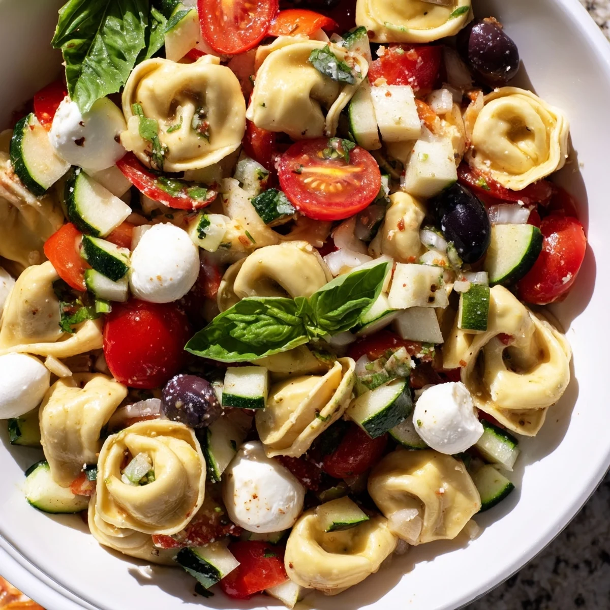 Colorful tortellini salad with cherry tomatoes, cucumber, and mozzarella tossed in zesty Italian dressing