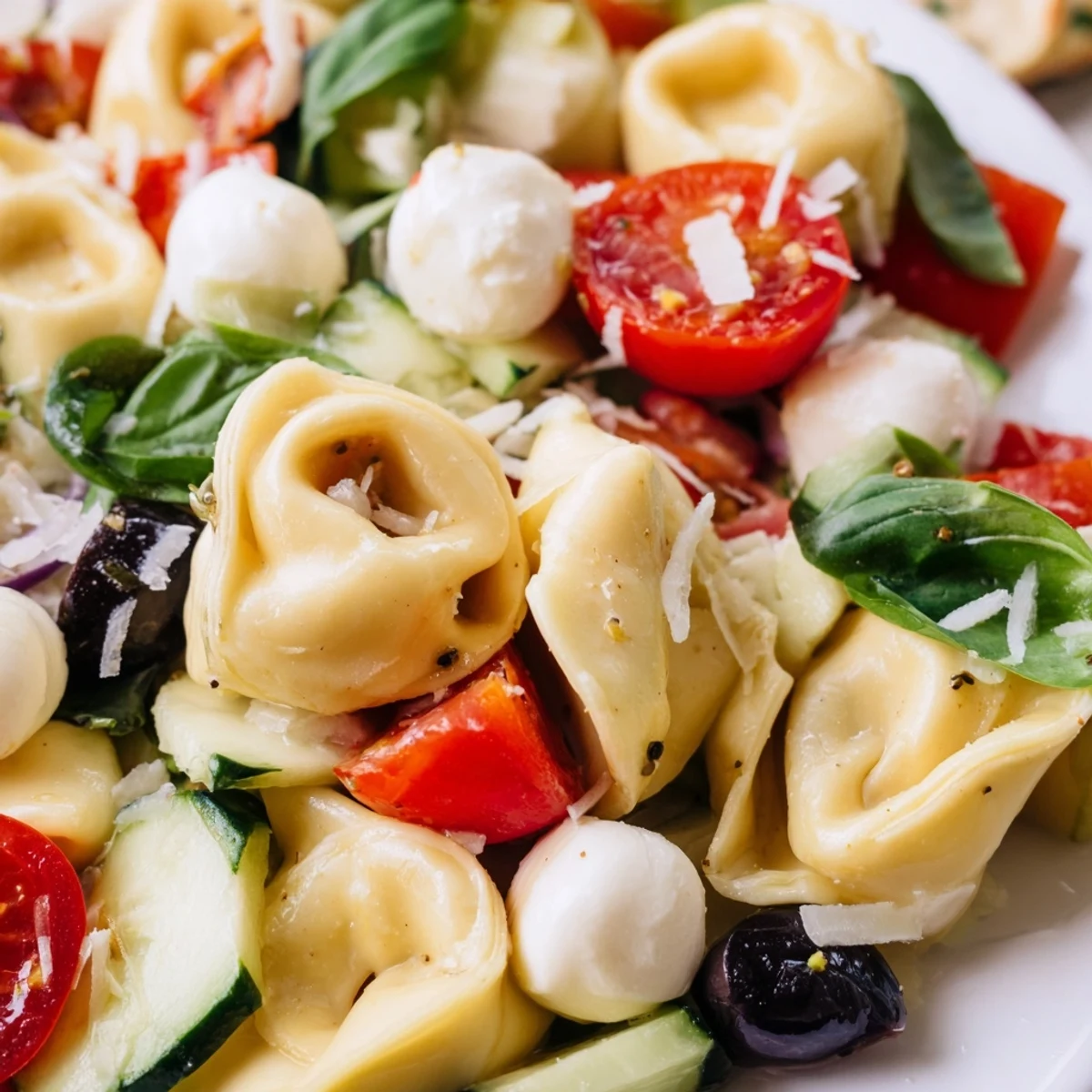 Creamy cheese tortellini salad topped with fresh basil and Parmesan in a vibrant serving bowl