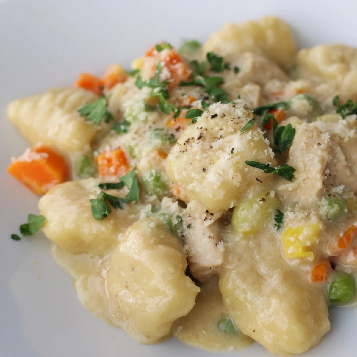 Creamy one pot gnocchi chicken pot pie served steaming in a rustic skillet