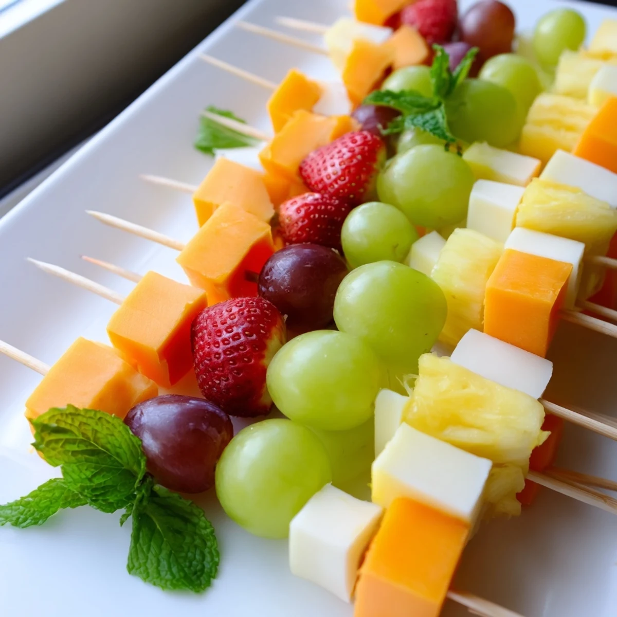 Juicy grapes and strawberries alternate with cheddar cubes on these fruit and cheese kabobs