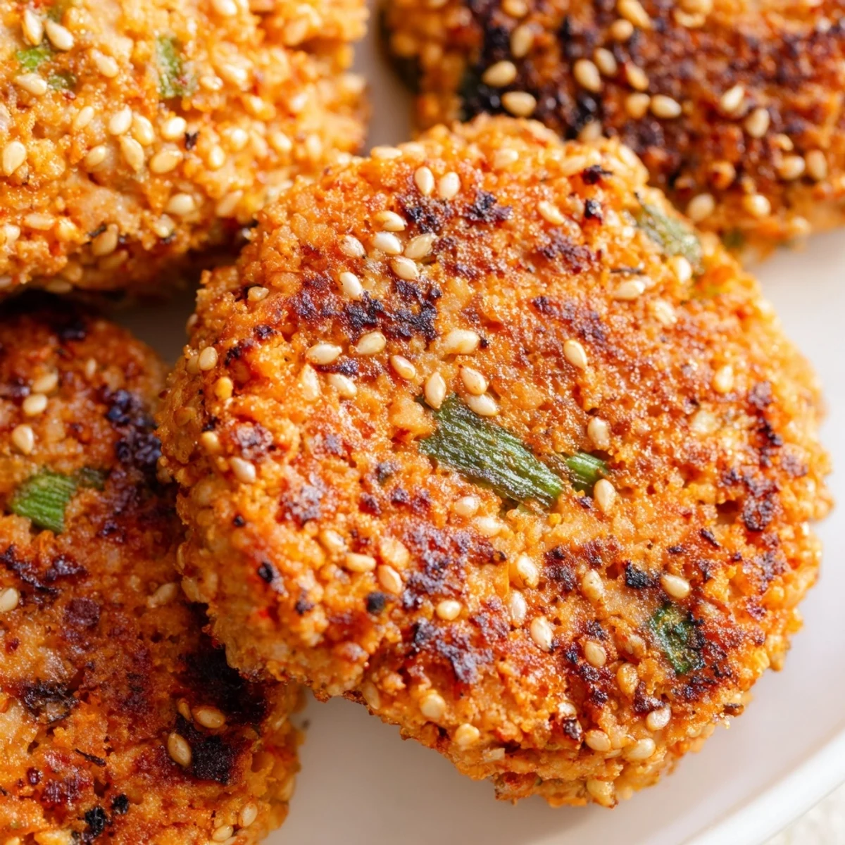 Crispy golden Harissa Sesame Salmon Patties sizzling in a nonstick skillet with toasted sesame seeds