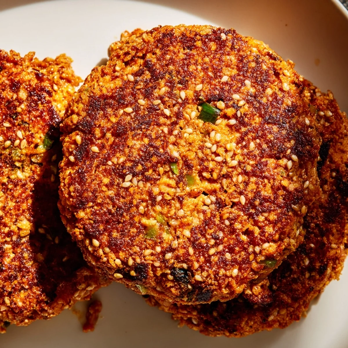 Spicy Harissa Sesame Salmon Patties topped with fresh cilantro and served with lemon wedges