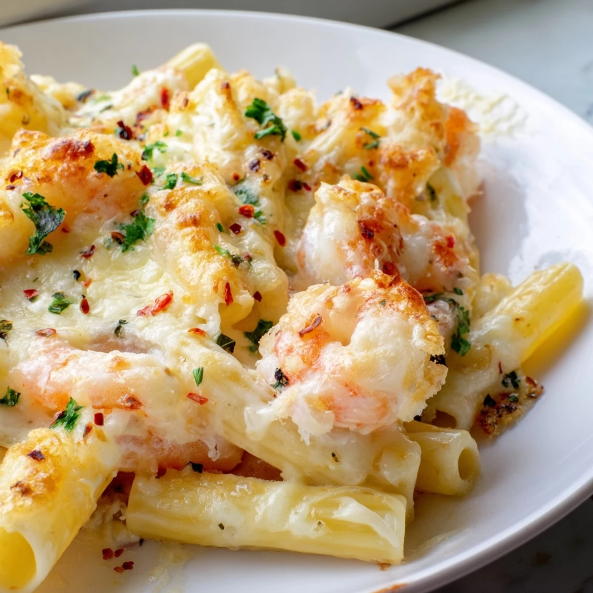 Golden baked shrimp scampi pasta bake with bubbling mozzarella and fresh parsley garnish