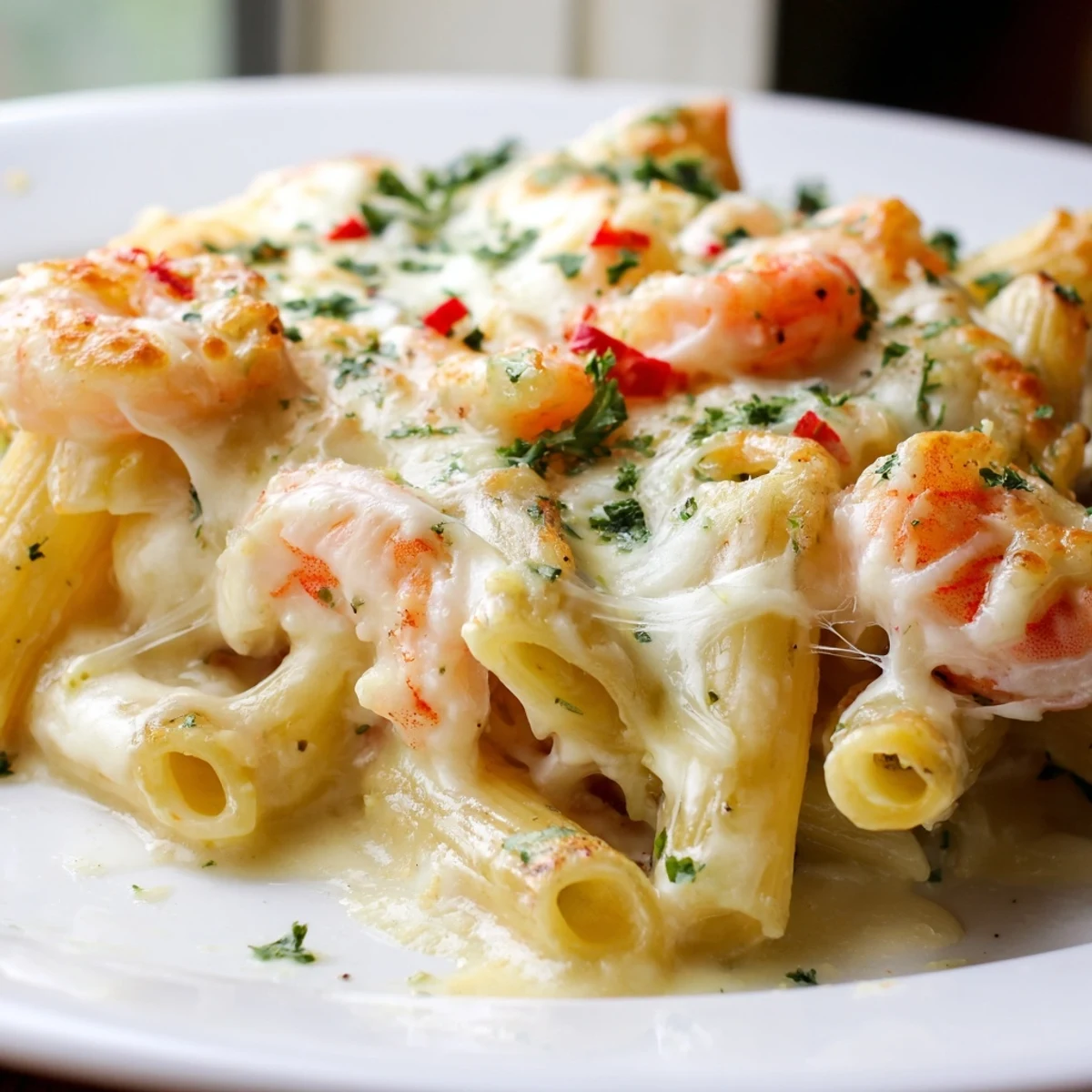 Creamy shrimp scampi pasta bake pulled fresh from the oven with crispy parmesan topping