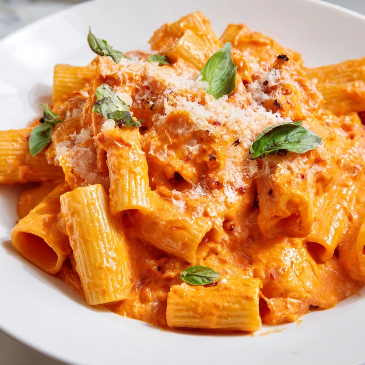 Creamy roasted red pepper pantry pasta in a white bowl with fresh basil garnish