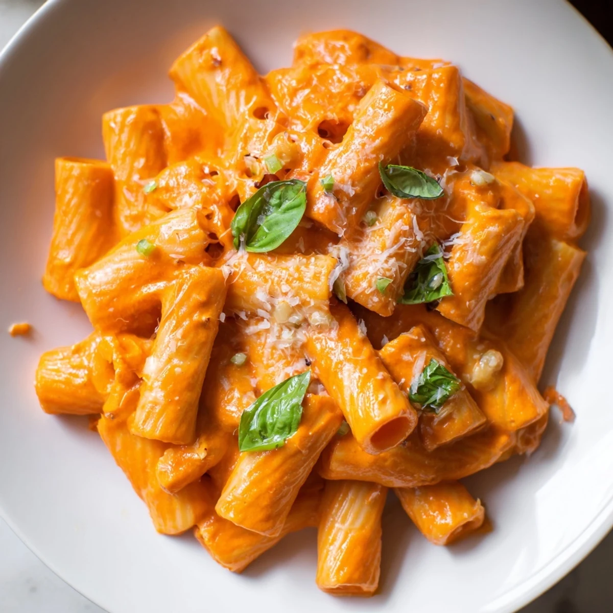 Vibrant orange roasted red pepper pantry pasta tossed with parmesan and herbs