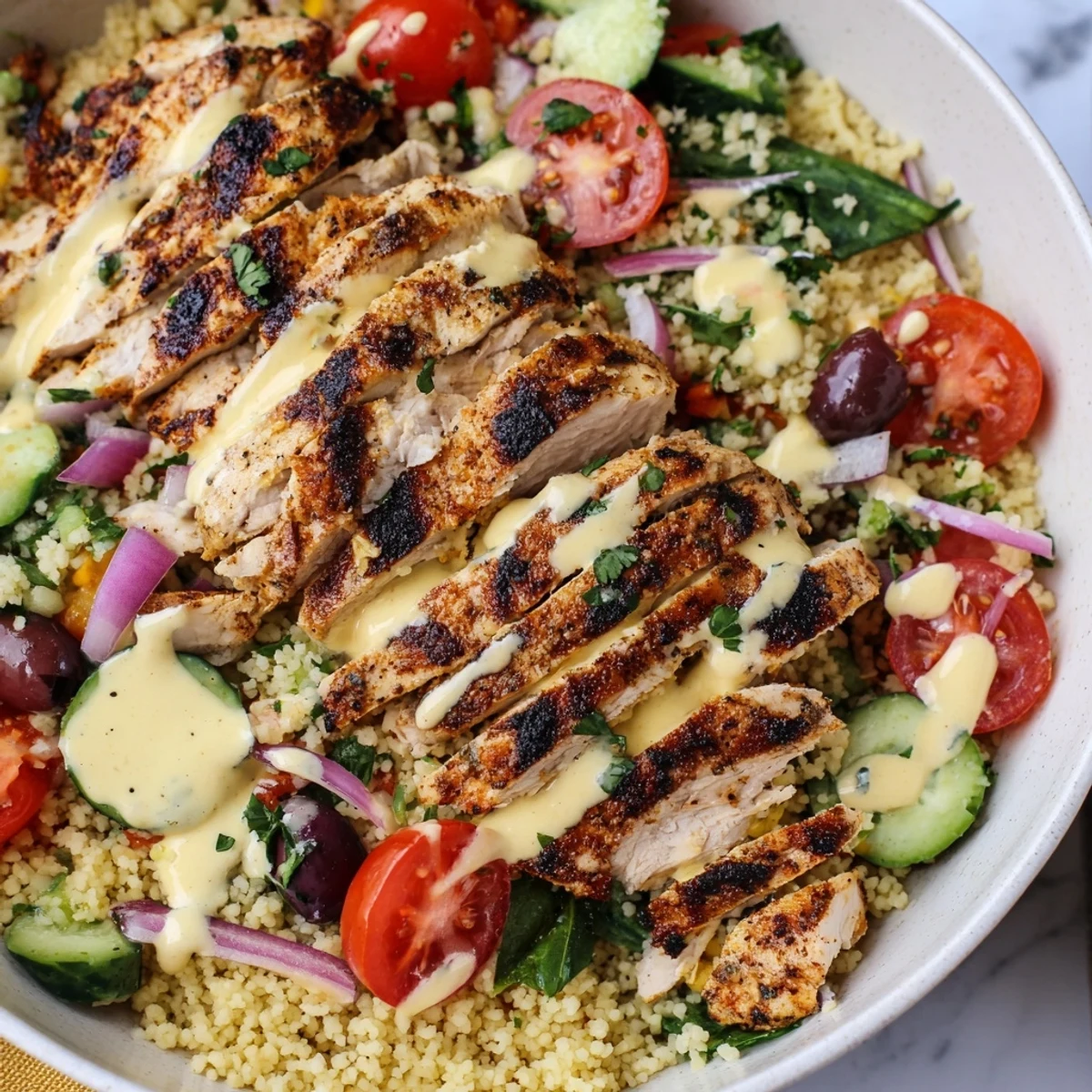 Golden Mediterranean chicken couscous bowl topped with fresh vegetables and creamy tahini drizzle