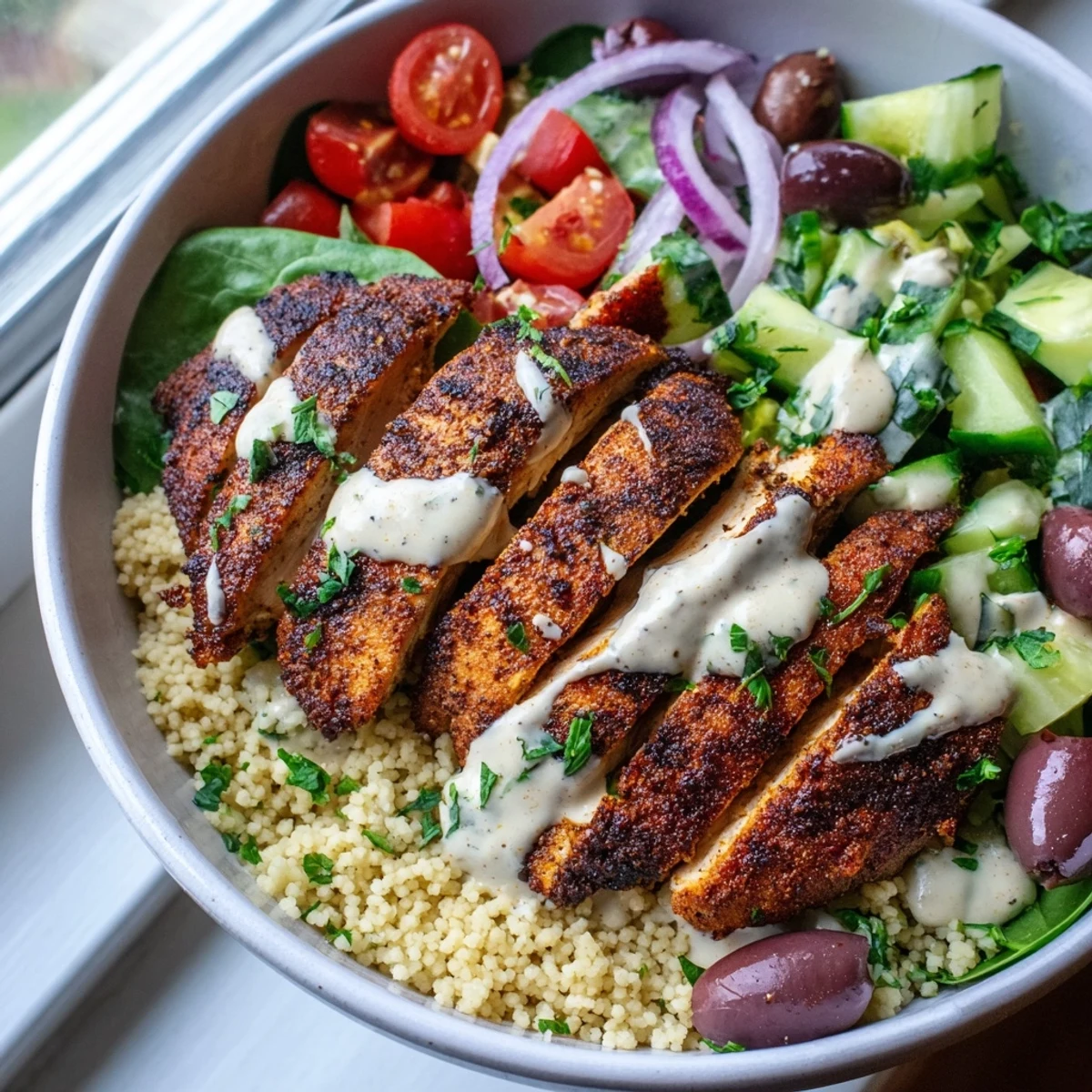 Fluffy couscous layered with spiced chicken cherry tomatoes olives and bright lemon herb garnish