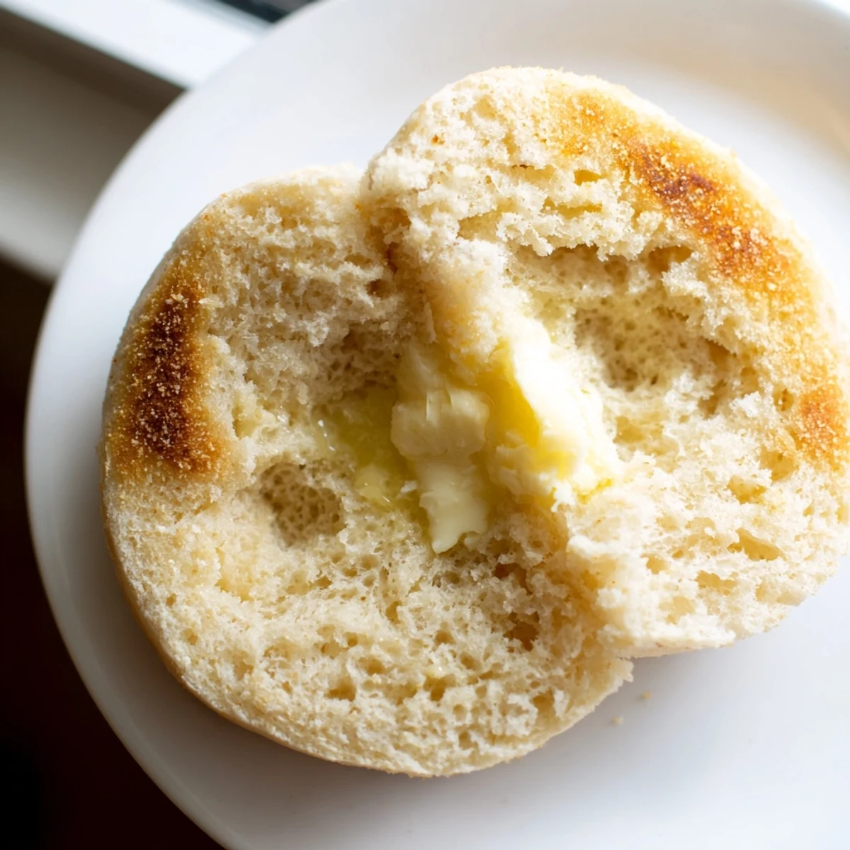 Golden brown Homemade English Muffins fresh from the griddle with cornmeal dusted edges