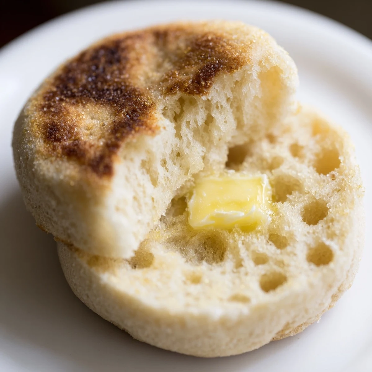 Split Homemade English Muffins revealing nooks and crannies perfect for soaking up melted butter