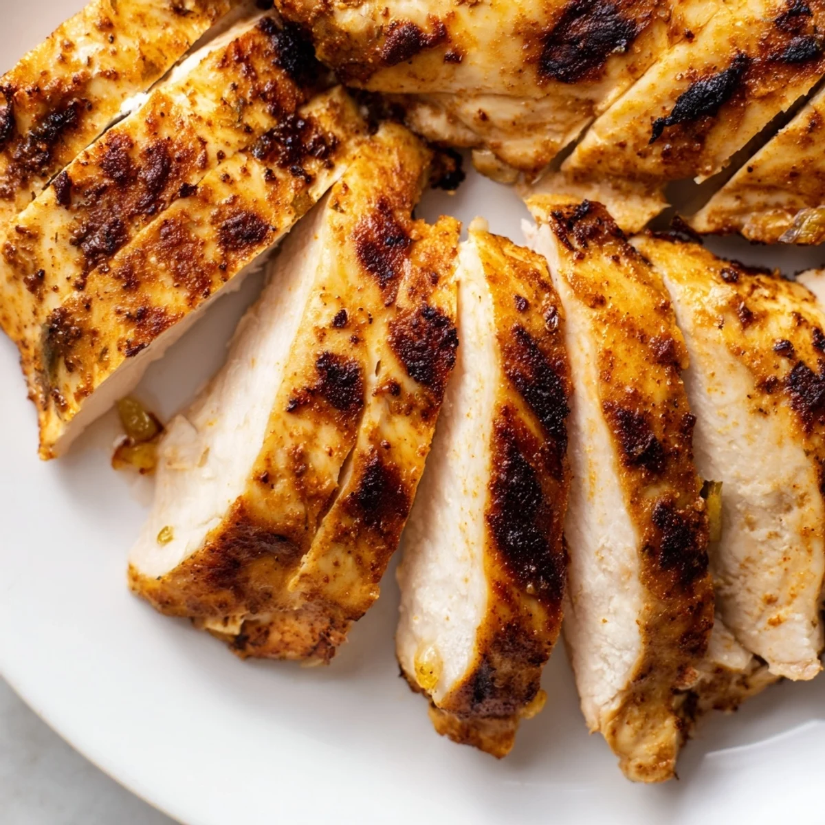 Juicy Greek yogurt marinated chicken sliced open showing moist tender seasoned meat