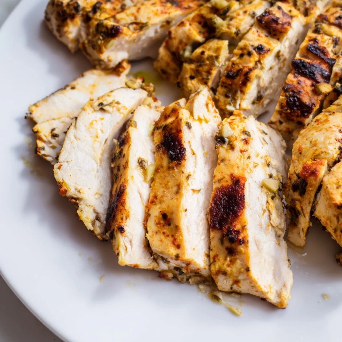 Tender Greek yogurt marinated chicken with golden grill marks on a white plate