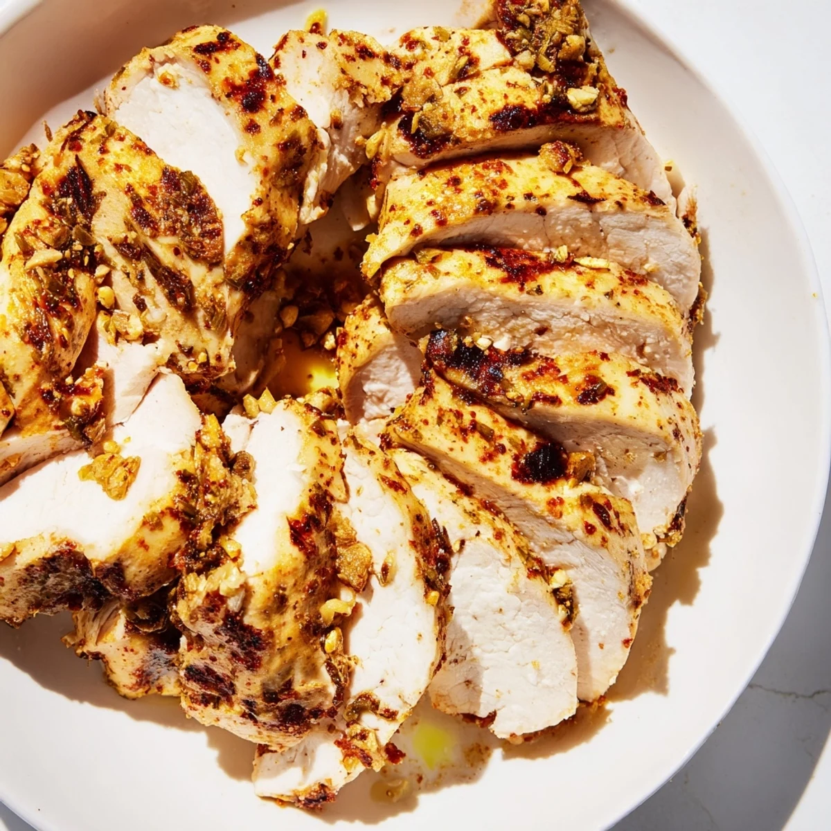 Golden baked Greek yogurt marinated chicken served with fresh lemon wedges and parsley