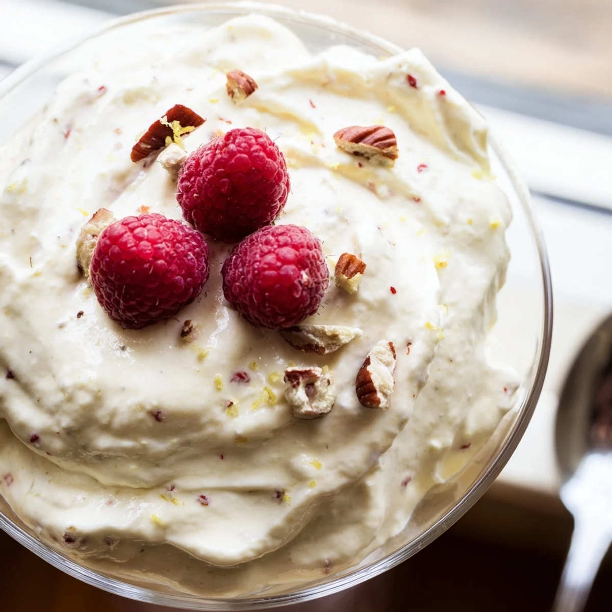 Creamy Keto Cheesecake Fluff spooned into a glass topped with fresh red raspberries