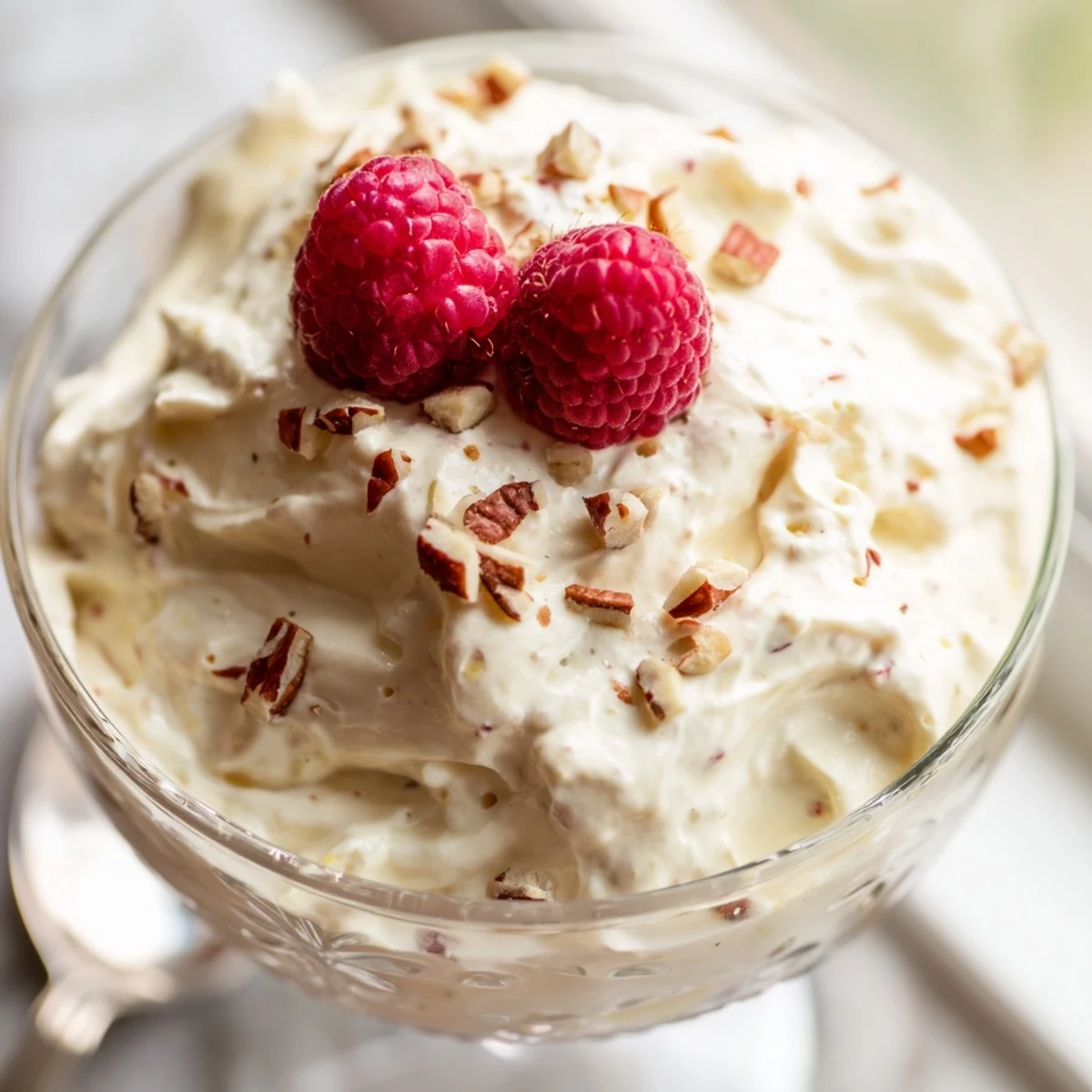 Light and airy Keto Cheesecake Fluff with berries in a small serving dish