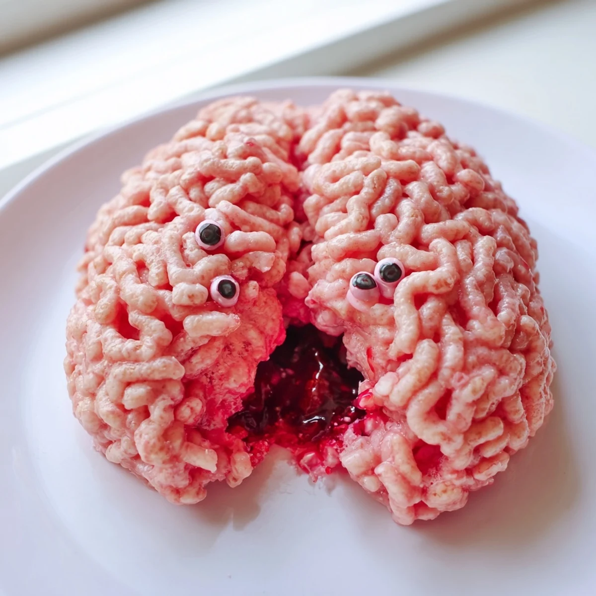Pink crispy rice cereal brain oozing with gooey red berry filling on a dark Halloween party platter.