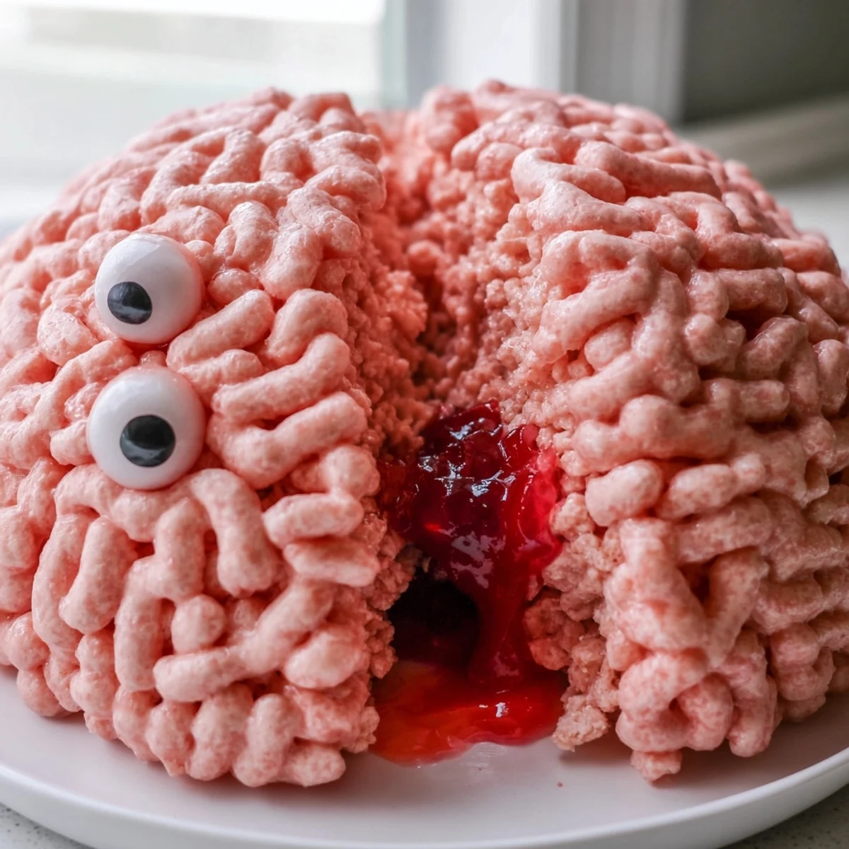Spooky stuffed crispy rice cereal brain sliced open revealing bright raspberry jam center for Halloween.
