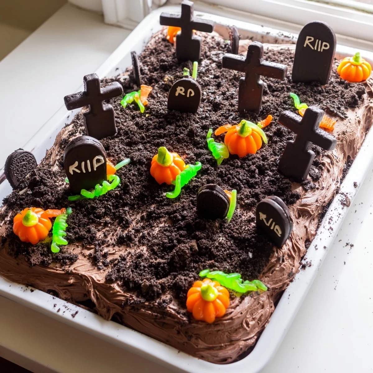 Pull Apart Graveyard Cupcakes arranged on a tray with chocolate frosting and crumbled cookie dirt