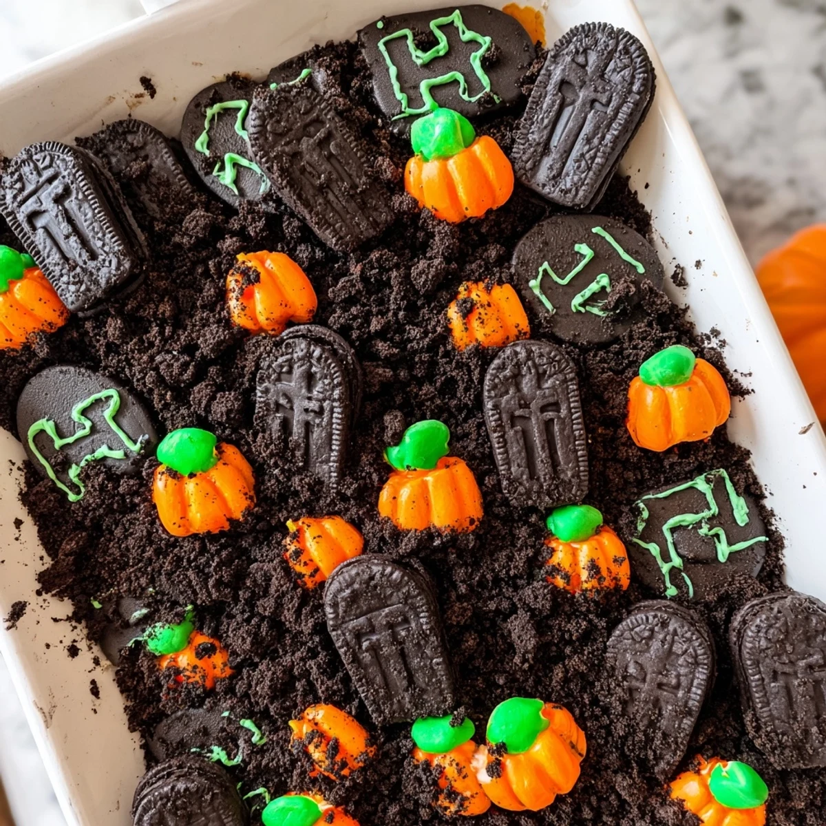 Pull Apart Graveyard Cupcakes frosted with rich chocolate and spooky edible graveyard decorations on top