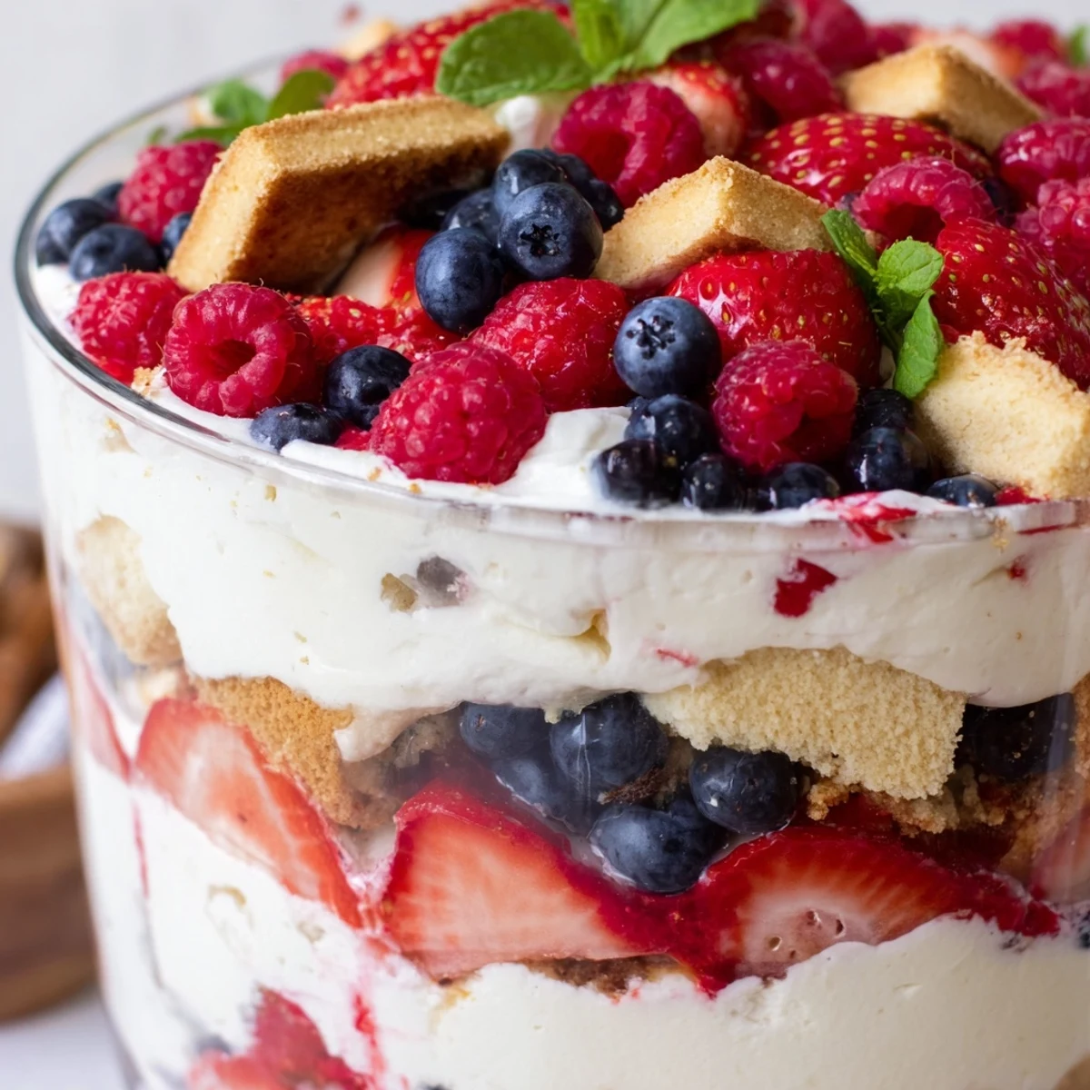 Red White Blue Mixed Berry Yum Yum layered in a clear trifle bowl with fresh strawberries and blueberries