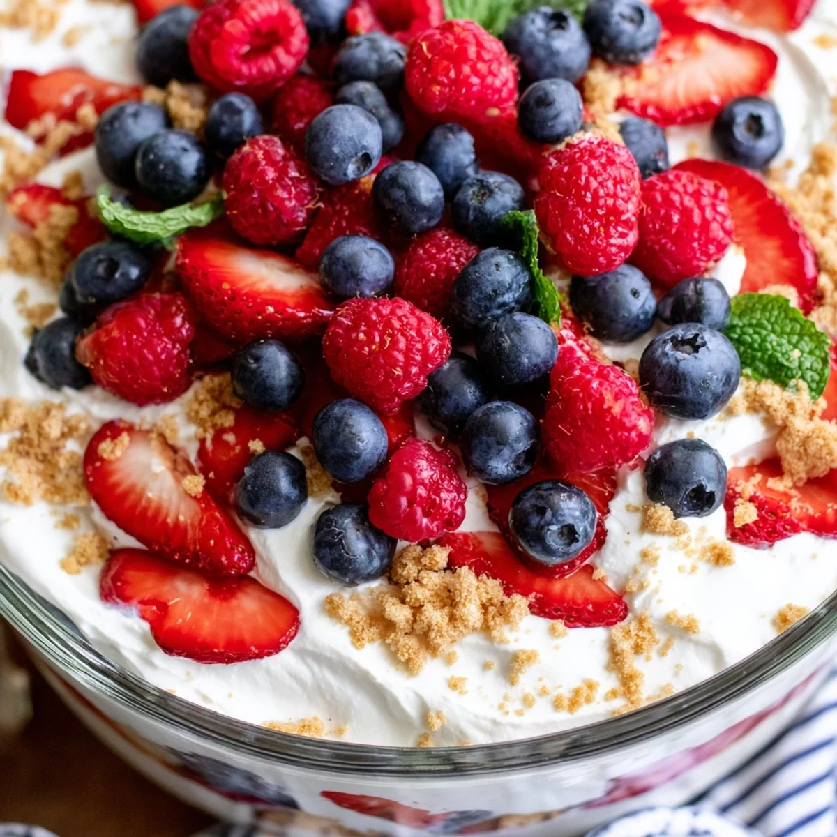 Creamy Red White Blue Mixed Berry Yum Yum scooped into individual glasses topped with ripe raspberries