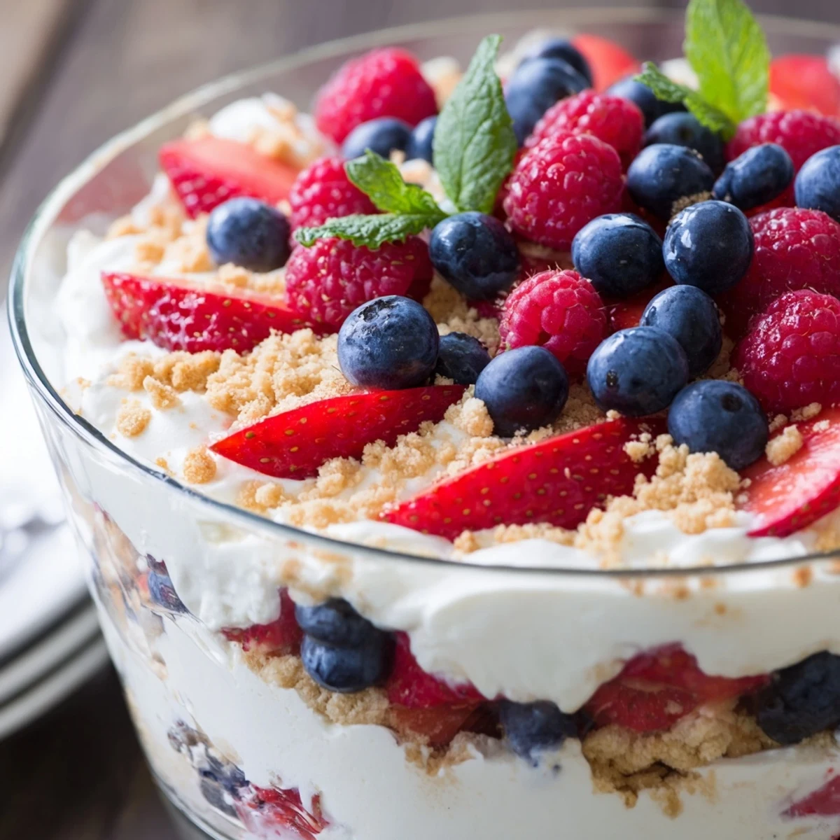 Red White Blue Mixed Berry Yum Yum dessert showcasing colorful berry layers over a cookie crumb base