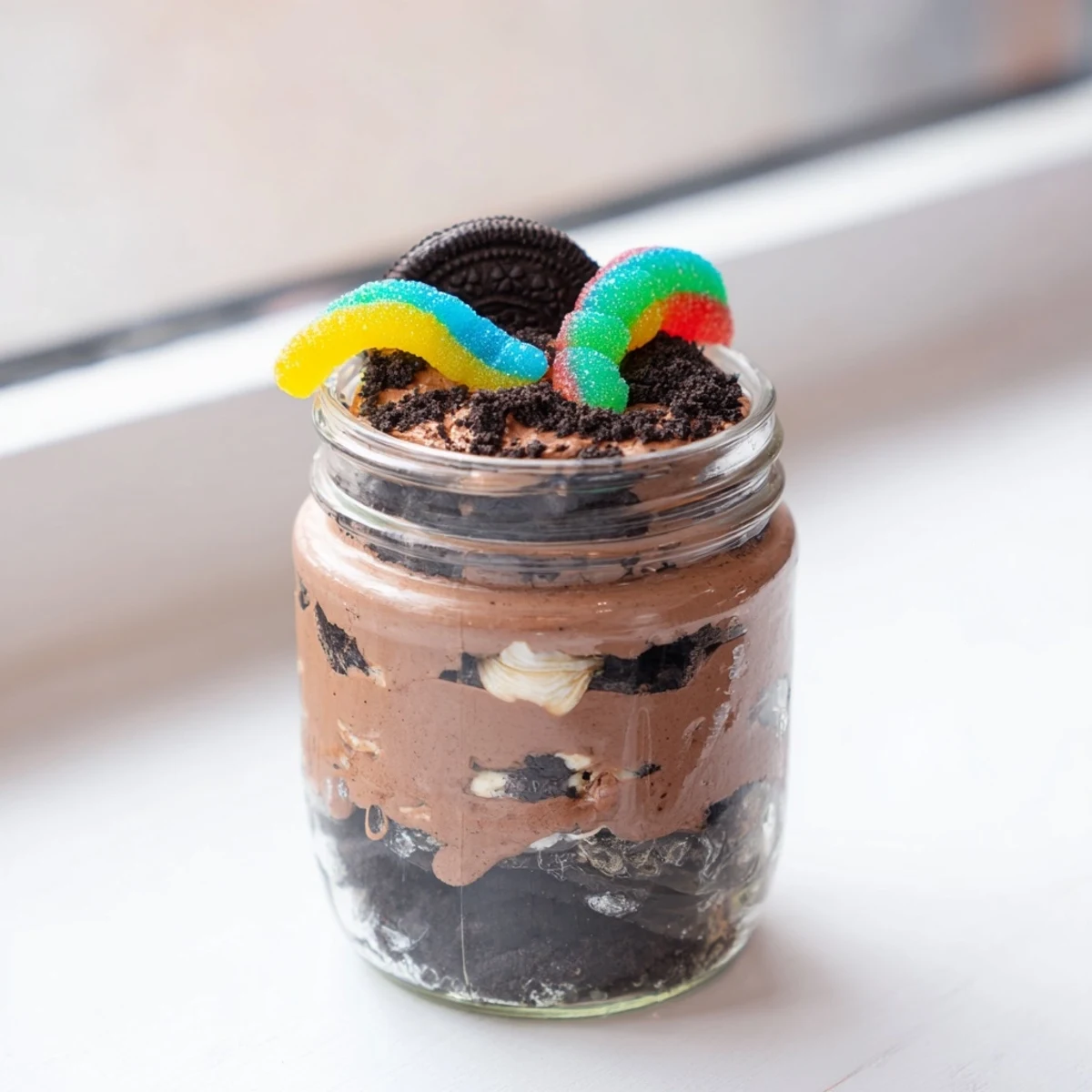 Creamy dirt pudding cups layered with crushed cookies and playful gummy worms