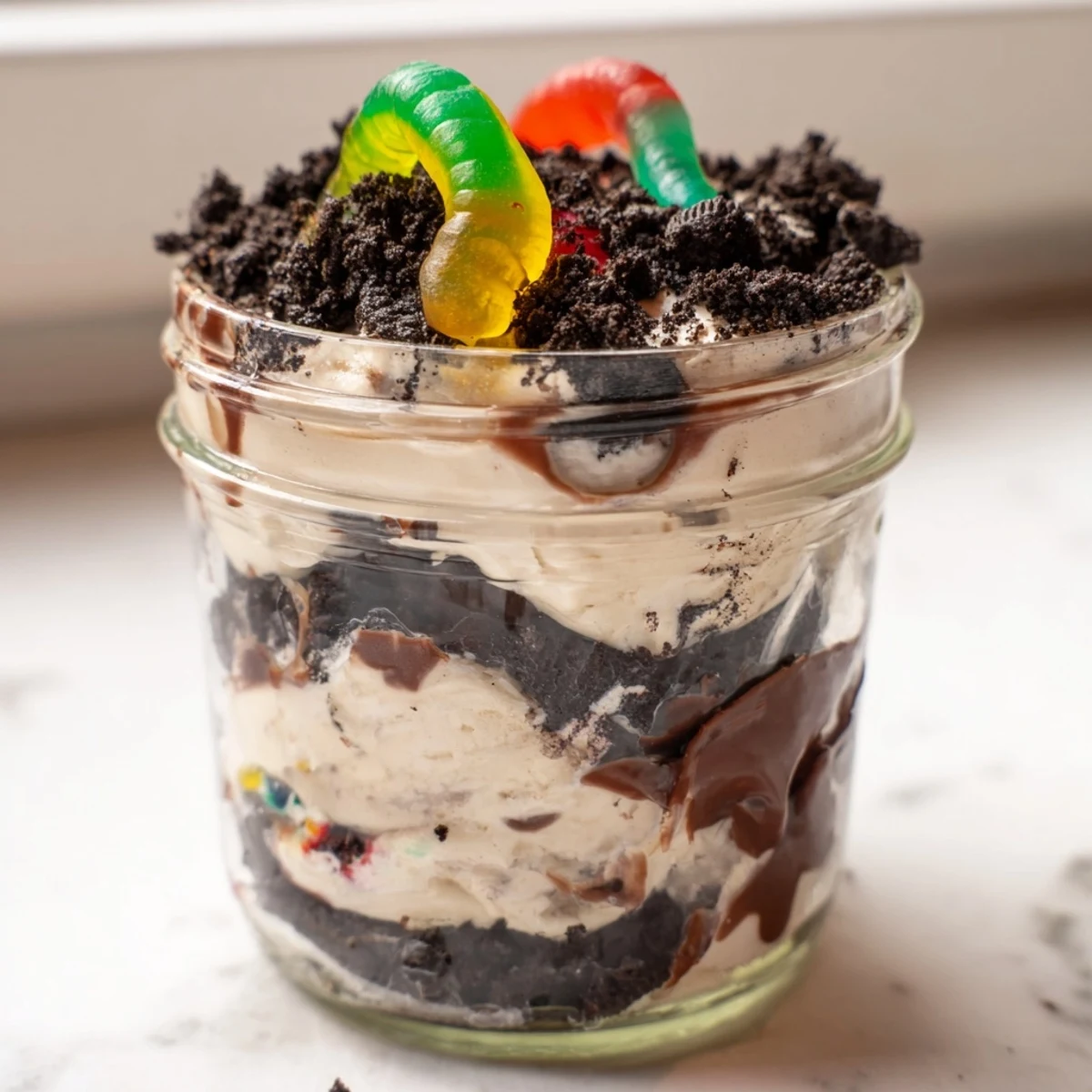 Whimsical dirt pudding dessert featuring chocolate pudding layers and buried candy worms