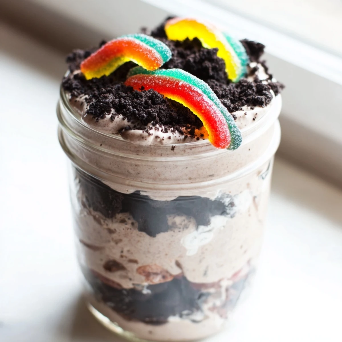 Chocolate dirt pudding served in individual jars topped with cookie crumb soil