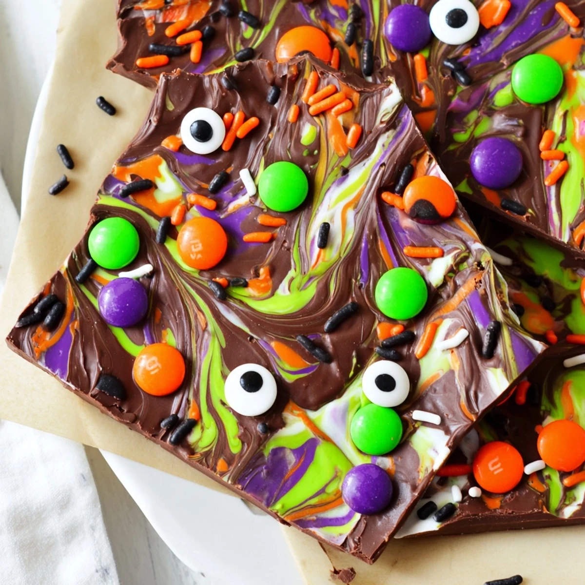 Dark and white chocolate Melting Witches Bark topped with spooky candy eyes